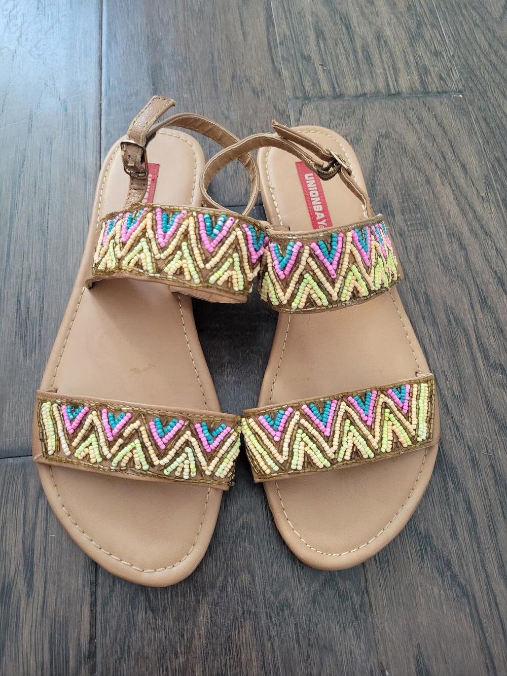 UNIONBAY Tan Sandals with Multicolor Bead Chevron Straps